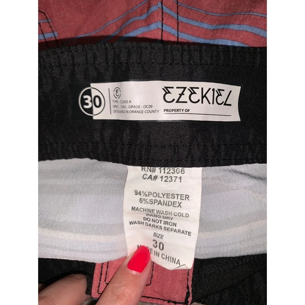 Ezekiel Mens Multi Color Striped Board Shorts Size 30 Swim Trunks Surf Scalloped